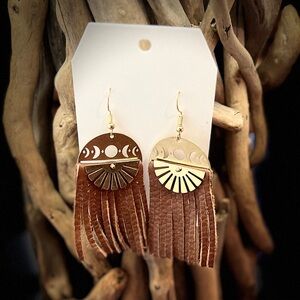 Gold brass brown leather moonphase fringe earrings with Sunray that spins.